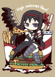 Rule 34 | 1girl, akemi homura, akuma homura, argyle, argyle clothes, argyle legwear, argyle thighhighs, armlet, artist name, bare shoulders, black dress, black footwear, black gloves, black hair, bow, bread bun, brown background, burger, cheese trail, chibi, cup, disposable cup, dot nose, dress, drink, drinking straw, ears visible through hair, eating, elbow gloves, english text, fast food, feathered wings, flat chest, food, french fries, gloves, hair bow, hair ornament, highres, holding, holding drink, holding food, holding pizza, jitome, lettuce, long hair, looking at viewer, mahou shoujo madoka magica, mahou shoujo madoka magica: hangyaku no monogatari, mini person, minigirl, no mouth, official alternate costume, pepperoni, pizza, pizza slice, purple eyes, raised eyebrows, red bow, saigokudou, seed, sesame seeds, shadow, sidelocks, sitting on food, sleeveless, sleeveless dress, slippers, soda, soda bottle, solo, thighhighs, twitter username, very long hair, wings, wrapper
