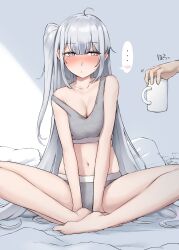 Rule 34 | ..., 1girl, 1other, absurdres, barefoot, bed sheet, blush, breasts, cleavage, closed mouth, collarbone, cup, fuyutsuki (kancolle), grey eyes, grey hair, grey panties, grey sports bra, highres, kantai collection, kiritto, large breasts, long hair, navel, one side up, panties, pillow, sitting, solo focus, spoken ellipsis, sports bra, strap slip, tissue, tissue box, two-tone sports bra, underwear, used tissue