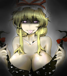 Rule 34 | 1girl, blonde hair, breasts, covering privates, covering breasts, female focus, gap (touhou), glowing, glowing eyes, large breasts, mitsuwo, naughty face, purple eyes, shaded face, solo, tongue, tongue out, touhou, yakumo yukari
