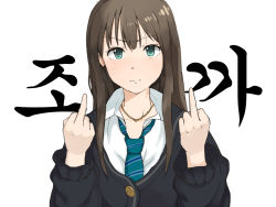 Rule 34 | 1girl, bad id, bad pixiv id, brown hair, buttons, closed mouth, collared shirt, commentary request, double middle finger, green eyes, green necktie, idolmaster, idolmaster cinderella girls, jewelry, kachobi (user atuh5854), korean commentary, long hair, looking at viewer, middle finger, necklace, necktie, shibuya rin, shirt, solo, white background, white shirt