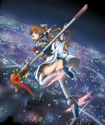 Rule 34 | 00s, 1girl, ass, bad id, bad pixiv id, blue eyes, boots, brown hair, cityscape, eigai kyousuke, fingerless gloves, flying, gloves, hair ribbon, long hair, looking back, lyrical nanoha, magical girl, mahou shoujo lyrical nanoha, mahou shoujo lyrical nanoha strikers, no panties, open mouth, raising heart, raising heart (accel mode), ribbon, shoes, solo, takamachi nanoha, takamachi nanoha (aggressor mode), twintails, upskirt, winged footwear, wings