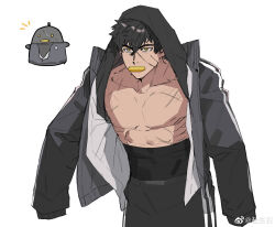 Rule 34 | 1boy, absurdres, bannriishi, bara, bare pectorals, black hair, comparison, doudanuki masakuni, feet out of frame, highres, hood, hooded jacket, jacket, looking ahead, male focus, midriff peek, mouth hold, open clothes, open jacket, pectorals, scar, scar on face, scar on nose, short hair, solo, thick eyebrows, toned, toned male, touken ranbu, track jacket
