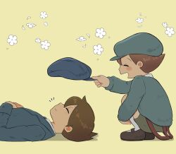 Rule 34 | 2boys, ^ ^, blue headwear, blue jacket, blue sweater, blush, brown footwear, brown hair, cabbie hat, closed eyes, closed mouth, commentary request, flower, full body, future luke, green shorts, hands on own chest, hat, highres, holding, holding clothes, holding hat, jacket, kiwami (kiwamimuneko), knees up, long sleeves, luke triton, lying, male focus, multiple boys, on back, open mouth, professor layton, professor layton and the unwound future, shoes, short hair, shorts, sitting, smile, socks, suspenders, suspenders hanging, sweater, unworn headwear, white socks