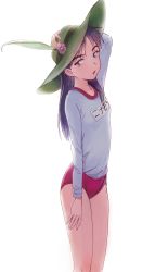 Rule 34 | 1girl, arm up, buruma, commentary, feason, feet out of frame, female focus, flcl, flower, green hat, gym uniform, hand on own head, hat, hat feather, hat flower, highres, long hair, long sleeves, looking at viewer, looking to the side, ninamori eri, open mouth, simple background, solo, standing, white background