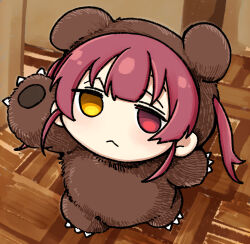 Rule 34 | 1girl, animal costume, bear costume, chibi, chibi only, closed mouth, hair through hood, hand up, heterochromia, highres, hololive, houshou kumarine, houshou marine, indoors, looking at viewer, mairu dou, red eyes, red hair, solo, standing, yellow eyes