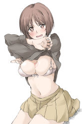 Rule 34 | 1girl, alternate costume, blush, body writing, bow, bow bra, bra, breasts, bright pupils, brown eyes, brown hair, chi-hatan military uniform, clothes lift, commentary, elf (stroll in the woods), frown, girls und panzer, highres, jacket, jacket lift, large breasts, lifting own clothes, long sleeves, looking at viewer, miniskirt, navel, nishizumi miho, open mouth, pleated skirt, short hair, simple background, sitting, skirt, solo, sweat, sweatdrop, textless version, underwear, undressing, white background, white bra, white pupils, yellow skirt