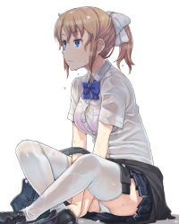 Rule 34 | 1girl, between legs, blonde girl (itou), blonde hair, blue eyes, bow, bowtie, bra, bra visible through clothes, breasts, briefcase, cherry blossoms, commentary request, hair bow, hair ribbon, highres, itou (onsoku tassha), jacket, loafers, looking away, medium breasts, original, panties, pantyshot, petals, pink bra, ponytail, ribbon, school briefcase, school uniform, see-through, shoes, shoulder blades, simple background, sitting, solo, thighhighs, tied jacket, underwear, wet, wet clothes, wet hair, white background, white panties, white thighhighs