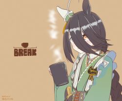 Rule 34 | 1girl, ahoge, animal ears, black hair, braid, brown background, brown corset, character name, corset, cup, dated, ear covers, frilled kimono, frills, green kimono, hair between eyes, holding, holding cup, horse ears, horse girl, infini, japanese clothes, kimono, long bangs, long hair, long sleeves, looking at viewer, looking to the side, maid, manhattan cafe (verdant night) (umamusume), name tag, official alternate costume, official alternate hairstyle, simple background, single ear cover, solo, twitter username, umamusume, upper body, wa maid, white hair, yellow eyes
