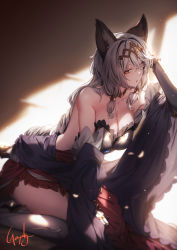 Rule 34 | 1girl, animal ears, arm behind head, armor, armored boots, armored dress, backless dress, backless outfit, bare shoulders, boots, braid, braided ponytail, breastplate, breasts, cat ears, cleavage, collarbone, commentary request, dress, erune, gauntlets, genyaky, granblue fantasy, hair between eyes, hair ornament, hand on own knee, headpiece, heles, highres, long hair, looking at viewer, medium breasts, parted lips, red eyes, shawl, sideways glance, signature, silver hair, sitting, solo, very long hair