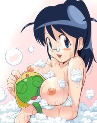 Rule 34 | 1boy, 1girl, :d, ^ ^, arm grab, bath, bathing, between breasts, blue eyes, blue hair, blush, breast press, breasts, bubble, bubble bath, closed eyes, colored skin, foam, frog, from side, glasses, green skin, hand on another&#039;s head, happy, hat, head between breasts, high ponytail, hinata aki, indoors, keroro, keroro gunsou, large breasts, long hair, looking at viewer, mature female, mixed-sex bathing, nipples, open mouth, parted bangs, partially submerged, pince-nez, pink background, ponytail, puffy nipples, shared bathing, sidelocks, size difference, smile, soap, soap bubbles, star (symbol), star print, two side up, upper body, wet