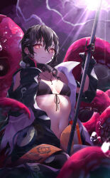 Rule 34 | 1girl, absurdres, bikini, bikini top only, black bikini, breasts, brown hair, bubble, cleavage, collar, commentary, diving suit, dry suit, ear piercing, english commentary, girls&#039; frontline, girls&#039; frontline neural cloud, hair between eyes, hatsuchiri (neural cloud), highres, holding, holding weapon, jewelry, key, key necklace, long hair, looking at viewer, metal collar, mole, mole on breast, mole under eye, navel, necklace, open wetsuit, piercing, polearm, red eyes, small breasts, solo, stomach, swimsuit, tentacles, upper body, van.elv, weapon, wet, wet hair