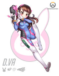 Rule 34 | 1girl, alpaca sama, animal print, armor, bodysuit, boots, bracer, breasts, brown eyes, brown hair, character name, charm (object), copyright name, covered navel, d.va (overwatch), emblem, facepaint, facial mark, gloves, gun, handgun, hands up, headphones, highres, holding, holding gun, holding weapon, logo, long hair, long sleeves, medium breasts, overwatch, overwatch 1, pauldrons, pilot suit, rabbit print, ribbed bodysuit, shoulder armor, shoulder pads, skin tight, smile, solo, thigh boots, thigh strap, thighhighs, turtleneck, weapon, whisker markings, white footwear, white gloves