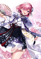 Rule 34 | 1girl, absurdres, alternate costume, blush, commentary, fate/grand order, fate (series), floral background, flower, folding fan, hair flower, hair ornament, hand fan, highres, holding, holding fan, japanese clothes, kimono, light purple hair, looking at viewer, mash kyrielight, misaki346, open mouth, pink flower, purple eyes, signature, smile, solo, thighs, wide sleeves