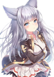 Rule 34 | 1girl, animal ears, belt, blue eyes, blush, breasts, cleavage, collarbone, collared dress, cowboy shot, crossed arms, dress, erune, granblue fantasy, hair ornament, jacket, korwa, large breasts, light particles, long hair, looking at viewer, open clothes, open jacket, pout, sidelocks, silver hair, simple background, solo, standing, strap, topia, v-shaped eyebrows