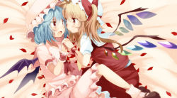 Rule 34 | 2girls, :d, bad id, bad pixiv id, bat wings, blonde hair, blue hair, blush, bow, eye contact, fang, female focus, flandre scarlet, hat, hat bow, holding hands, incest, interlocked fingers, long hair, looking at another, multiple girls, nochita shin, open mouth, petals, red eyes, remilia scarlet, ribbon, rose petals, short hair, siblings, side ponytail, sisters, smile, touhou, wings, wrist cuffs, wrist ribbon, yuri