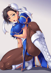 Rule 34 | 1girl, amei sumeru, boots, bracelet, breasts, brown pantyhose, bun cover, cameltoe, capcom, china dress, chinese clothes, chun-li, covered erect nipples, cross-laced footwear, double bun, dress, earrings, hair bun, highres, jewelry, lace-up boots, large breasts, on one knee, pantyhose, pearl earrings, pelvic curtain, sash, short hair, solo, spiked bracelet, spikes, street fighter, thighs