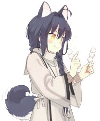 Rule 34 | 1other, 87banana, animal ears, black hair, bracelet, dango, dog ears, dog tail, double-parted bangs, eating, fate/samurai remnant, fate (series), food, hair between eyes, hair intakes, holding, holding food, jewelry, long braid, necklace, robe, yamato takeru (fate), sidelocks, simple background, solo, sparkle, tail, translated, wagashi, white background, white robe, wristband, yellow eyes