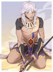 Rule 34 | 1boy, arm tattoo, border, bridal gauntlets, choker, chromatic aberration, commentary, cyno (genshin impact), english commentary, eyes visible through hair, full body, genshin impact, grey hair, hair over one eye, highres, kirikidu, long hair, looking at viewer, male focus, no headwear, open mouth, outside border, polearm, red eyes, short sleeves, shorts, sitting, stomach, sweat, tan, tattoo, toeless footwear, toes, toned, toned male, v-shaped eyebrows, weapon, white border