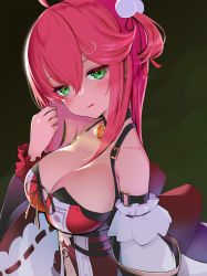 Rule 34 | 1girl, absurdres, ahoge, alternate breast size, blush, breasts, cat hair ornament, cleavage, dress shirt, green eyes, hair ornament, hairclip, highres, hololive, kannougame, large breasts, long hair, looking at viewer, nontraditional miko, one side up, pink hair, pom pom (clothes), pom pom hair ornament, sakura miko, sakura miko (work), shirt, solo, virtual youtuber