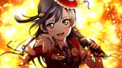 Rule 34 | 1girl, black hair, chase (love live!), earrings, fingerless gloves, flower ornament, gloves, hair ornament, hat, highres, jewelry, kougi hiroshi, looking at viewer, love live!, love live! nijigasaki high school idol club, love live! school idol festival, microphone, necktie, one side up, open mouth, outstretched hand, yuki setsuna (love live!)