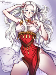 Rule 34 | 1girl, 2021, alternate costume, armpits, artist name, breasts, choker, commentary, cowboy shot, dancer, dancer (fire emblem: three houses), dated, dress, edelgard von hresvelg, fire emblem, fire emblem: three houses, long hair, looking at viewer, lying, medium breasts, mina cream, nintendo, on back, purple eyes, solo, watermark, white hair