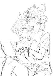 Rule 34 | 2girls, blush, commentary request, elan ouo, greyscale, gundam, gundam suisei no majo, hairband, hand on another&#039;s waist, highres, holding, holding hands, holding tablet pc, long hair, miorine rembran, monochrome, multiple girls, parted lips, shirt, short sleeves, sitting, sitting on lap, sitting on person, sleeveless, sleeveless shirt, smile, suletta mercury, tablet pc, thick eyebrows, turtleneck, turtleneck shirt, yuri