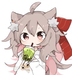 Rule 34 | 1girl, ahoge, animal ear fluff, animal ears, blush, bow, brown hair, bubble tea, byako (srktn), cat ears, cat girl, closed mouth, clothes writing, cup, disposable cup, drawstring, drinking straw, hair between eyes, hair bow, hands up, holding, holding cup, hood, hood down, hoodie, long hair, long sleeves, looking at viewer, multicolored hair, original, pink hair, puffy long sleeves, puffy sleeves, red bow, red eyes, sleeves past wrists, solo, standing, two-tone hair, very long hair, white background, white hoodie