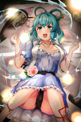 Rule 34 | 1girl, :d, absurdres, belt, black panties, blue dress, blue eyes, blue hair, blush, bottle, breasts, cameltoe, collarbone, commentary request, dress, feet out of frame, flower, flower request, frills, hagoromo, hair between eyes, hair ornament, hair rings, hair stick, hands up, highres, hira-san, kaku seiga, knees together feet apart, looking at viewer, lying, medium breasts, medium hair, ofuda, on back, on bed, open clothes, open mouth, open vest, panties, pink flower, puffy short sleeves, puffy sleeves, shawl, short sleeves, smile, solo, sparkle, touhou, underwear, upskirt, vest, white vest