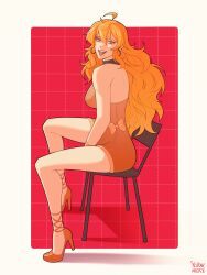 Rule 34 | :p, absurdres, antenna hair, artist name, bare shoulders, blonde hair, border, bow, bowtie, breasts, chair, dress, earrings, high heels, highres, hoop earrings, jewelry, large breasts, orange bow, orange bowtie, orange dress, orange footwear, purple eyes, red background, rwby, sitting, tongue, tongue out, wavy hair, white border, yang xiao long, yellow nicky