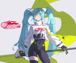 1girl :3 aqua_eyes aqua_hair black_gloves black_thighhighs bodysuit breasts chinese_commentary commentary covered_navel english_text flag gloves hair_between_eyes hatsune_miku highres holding holding_flag racing_miku racing_miku_(2022) rosetta(obsidian117) single_thighhigh solo thighhighs twintails vocaloid