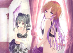 Rule 34 | aramachi, bad proportions, blush, bra, breasts, cleavage, clothes lift, collarbone, drill hair, grey hair, hair between eyes, highres, idolmaster, idolmaster cinderella girls, indoors, kanzaki ranko, long hair, looking at viewer, looking back, medium breasts, multicolored hair, ninomiya asuka, no nose, off shoulder, open clothes, open mouth, open shirt, orange hair, panties, purple eyes, red eyes, shirt, shirt lift, sidelocks, small breasts, twin drills, twintails, two-tone hair, underwear, undressing, window