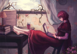 Rule 34 | 1girl, absurdres, artist request, barefoot, book, cape, capelet, computer, curtains, dress, feet on table, flower, flower pot, food, fruit, glasses, highres, indoors, lamp, lampshade, laptop, long hair, looking away, okazaki yumemi, pen, plant, red cape, red dress, red eyes, red hair, sitting, skirt, smile, solo, strawberry, table, touhou, touhou (pc-98), window