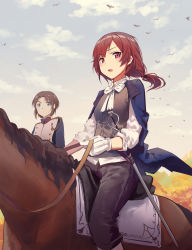 Rule 34 | 10s, 2girls, bird, cloud, day, gloves, highres, horse, horseback riding, huanxiang heitu, looking at viewer, love live!, love live! school idol project, multiple girls, nishikino maki, open mouth, ponytail, purple eyes, red hair, riding, short hair, sky, sword, weapon