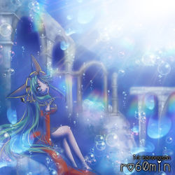 Rule 34 | 1girl, animal, animal around neck, blue eyes, brown headwear, bubble, closed mouth, commentary request, detached sleeves, dress, fox, full body, green hair, in-universe location, long hair, looking at viewer, looking to the side, one-hour drawing challenge, professor (ragnarok online), ragnarok online, red dress, red sleeves, ruins, sleeveless, sleeveless dress, solo, standing, sunlight, tanono, underwater, water