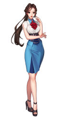Rule 34 | 1girl, belt, black eyes, blue skirt, breasts, brown hair, chain, ascot, feet, full body, headset, high heels, highres, large breasts, lips, long hair, looking at viewer, mulin, toeless footwear, pencil skirt, ponytail, shoes, skirt, solo, talking, toes, white background
