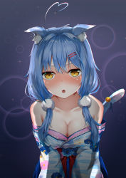 Rule 34 | 1girl, :o, absurdres, ahoge, animal ear fluff, animal ears, bare shoulders, bell, blue hair, blush, breasts, cat ears, cat tail, cleavage, collarbone, drunk, elf, hair between eyes, hair ornament, heart, heart ahoge, highres, hololive, japanese clothes, jingle bell, kimono, long hair, looking at viewer, open mouth, pointy ears, solo, sorbitol, tail, twintails, virtual youtuber, white headwear, yellow eyes, yukata, yukihana lamy, yukihana lamy (new year)