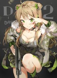 Rule 34 | 1girl, anmi, arm up, blush, bow, breasts, brown hair, bullpup, camouflage, cleavage, closed mouth, counting, dog tags, double bun, dress, fur trim, girls&#039; frontline, green bow, green eyes, green legwear, gun, hair bow, hair bun, headset, holding, holding gun, holding weapon, jacket, kel-tec rfb, long hair, looking at viewer, medium breasts, open clothes, open jacket, rfb (girls&#039; frontline), rifle, semi-automatic firearm, semi-automatic rifle, short dress, smile, socks, solo, striped clothes, striped legwear, striped socks, v, vertical-striped clothes, vertical-striped socks, weapon