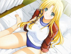 Rule 34 | 00s, barefoot, bed, blonde hair, blouse, buruma, embarrassed, from above, game cg, green eyes, gym uniform, indoors, infirmary, jacket, kareha, kneeling, long hair, parted bangs, pointy ears, shirt, shuffle!, sitting, sleeves rolled up, solo, thighs, third-party edit, white shirt