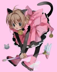 Rule 34 | 1girl, animal ears, bell, boots, brown hair, cardcaptor sakura, cat ears, cat tail, child, green eyes, hano luno, highres, kinomoto sakura, magical girl, neck bell, open mouth, pantyhose, pink background, pink footwear, simple background, solo, tail