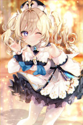 1girl arm_up barbara_(genshin_impact) bare_shoulders blonde_hair blue_eyes blurry blurry_background breasts check_commentary commentary_request detached_sleeves dress drill_hair genshin_impact hair_ornament hat highres leaning_forward long_hair long_sleeves looking_at_viewer one_eye_closed pantyhose pointing pointing_up smile solo taya_oco twin_drills twintails white_dress white_hat white_pantyhose