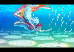 Rule 34 | 2girls, cassio yoshiyaki, caustics, diving, fish, letterboxed, long hair, multiple girls, original, photo-referenced, red hair, reflection, signature, swimming, underwater, white hair