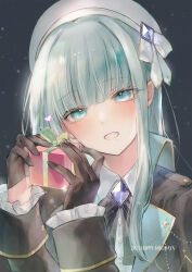Rule 34 | 1girl, black gloves, blunt bangs, box, brooch, christmas, english text, gift, gift box, gloves, green eyes, green hair, hat, highres, hime cut, holding, holding gift, jewelry, long hair, original, portrait, sea sorciere, sidelocks, smile, solo, upper body