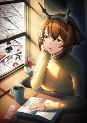 Rule 34 | 4girls, abyssal ship, alternate costume, bare tree, blonde hair, book, bookmark, brown hair, coffee, commentary request, cup, enemy lifebuoy (kancolle), flower, green eyes, hair between eyes, headgear, kantai collection, kiso (kancolle), long sleeves, multiple girls, mutsu (kancolle), open mouth, pink flower, pink hair, pink rose, plant, potted plant, rose, short hair, snow, sweater, tama (kancolle), teacup, tree, unowen, window, yellow sweater, yuudachi (kancolle)