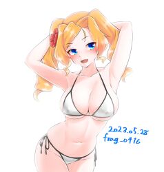 Rule 34 | 1girl, arms behind head, bikini, blonde hair, blue eyes, breasts, cleavage, cowboy shot, dated, drill hair, furaggu (frag 0416), halterneck, highres, honolulu (kancolle), kantai collection, large breasts, navel, official alternate costume, open mouth, side-tie bikini bottom, simple background, solo, string bikini, swimsuit, twin drills, twintails, twitter username, underwear, white background