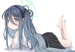 Rule 34 | 1girl, aris (blue archive), black hairband, blue archive, blue eyes, blue hair, blush, commentary request, cram960, dark blue hair, hair between eyes, hairband, halo, highres, jacket, leg up, long hair, lying, no shoes, on stomach, school uniform, simple background, smile, solo, very long hair, white background