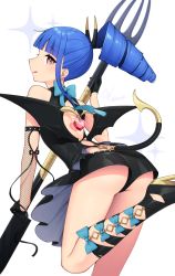 Rule 34 | 1boy, :q, ass, black dress, black footwear, black shorts, blue bow, bow, demon tail, demon wings, dress, drill hair, from behind, heart-shaped gem, high heels, holding, holding pitchfork, konogi nogi, looking at viewer, looking back, original, pitchfork, red eyes, short dress, short shorts, shorts, signature, smile, solo, standing, standing on one leg, tail, tongue, tongue out, trap, twitter username, wings