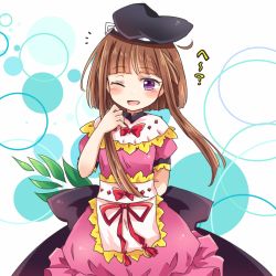 Rule 34 | 1girl, ;d, arm behind back, black hat, blunt bangs, brown hair, commentary request, dress, hat, looking at viewer, myouga (plant), nishida satono, one eye closed, open mouth, pink dress, pote (ptkan), puffy short sleeves, puffy sleeves, purple eyes, short hair with long locks, short sleeves, smile, solo, tate eboshi, touhou