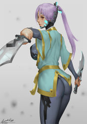Rule 34 | 1girl, ariverkao, ass, bodysuit, breasts, brown eyes, closed mouth, dagger, dated, dual wielding, foreshortening, gold trim, grey background, holding, knife, large breasts, layered sleeves, lips, long hair, long sleeves, looking at viewer, original, outstretched arm, ponytail, profile, purple hair, reaching, reaching towards viewer, short over long sleeves, short sleeves, signature, simple background, solo, standing, weapon