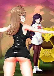 Rule 34 | 2girls, 2others, absurdres, ahegao, anal, anal object insertion, arms at sides, ass, black dress, blue eyes, blush, bodystocking, boots, bottomless, breasts, brown hair, clefairy, creatures (company), dress, game freak, gen 1 pokemon, gloves, green (pokemon), highres, huge ass, kadabra, large breasts, long hair, matching hair/eyes, medium hair, multiple girls, multiple others, nintendo, object insertion, poke ball, poke ball (basic), pokemon, pokemon adventures, purple eyes, purple hair, pussy, pussy juice, sabrina (pokemon), shiny clothes, short dress, sideboob, silence126, sleeveless, sleeveless dress, thighs, tower, tree, white dress, white gloves