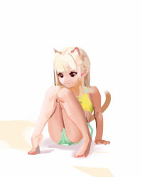 Rule 34 | 1girl, absurdres, animal ears, arm support, bare legs, barefoot, blonde hair, cat ears, cat tail, commentary request, highres, knees together feet apart, original, shadow, simple background, solo, squatting, sweetonedollar, tail, white background
